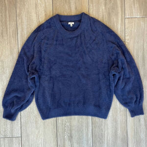 Aerie Sweater Women L Navy Fuzzy Fluffy Soft Pullover Crewneck Cozy Knit Top